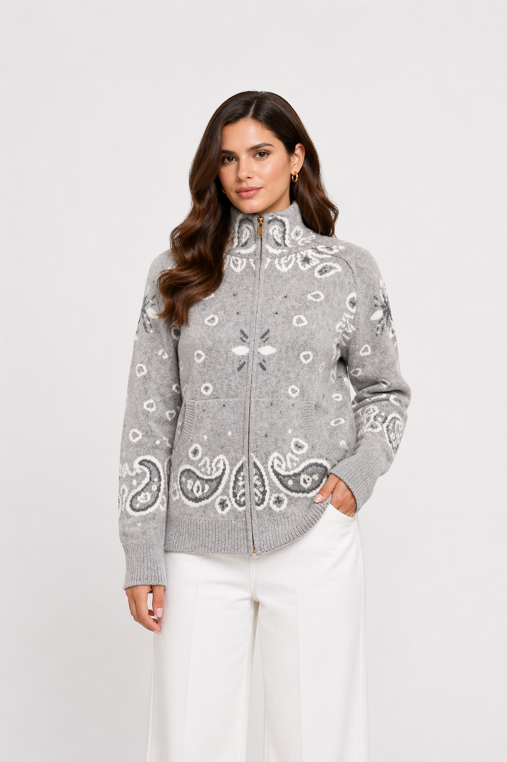 Bandana Zip Cardigan Light Grey