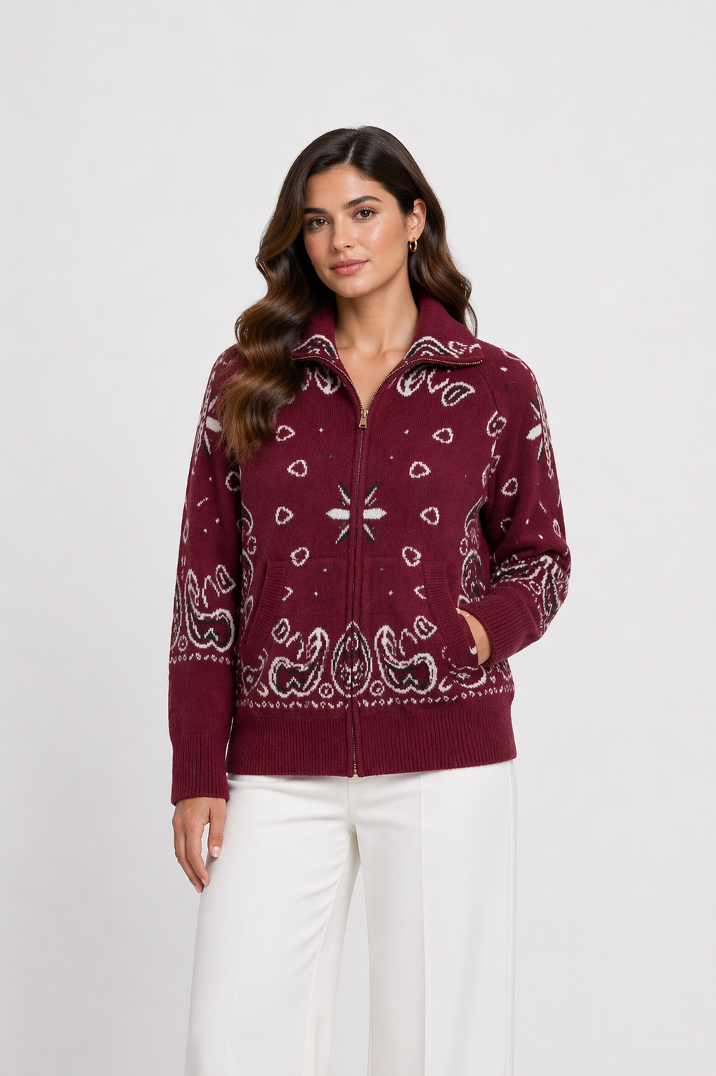 Bandana Zip Cardigan Red