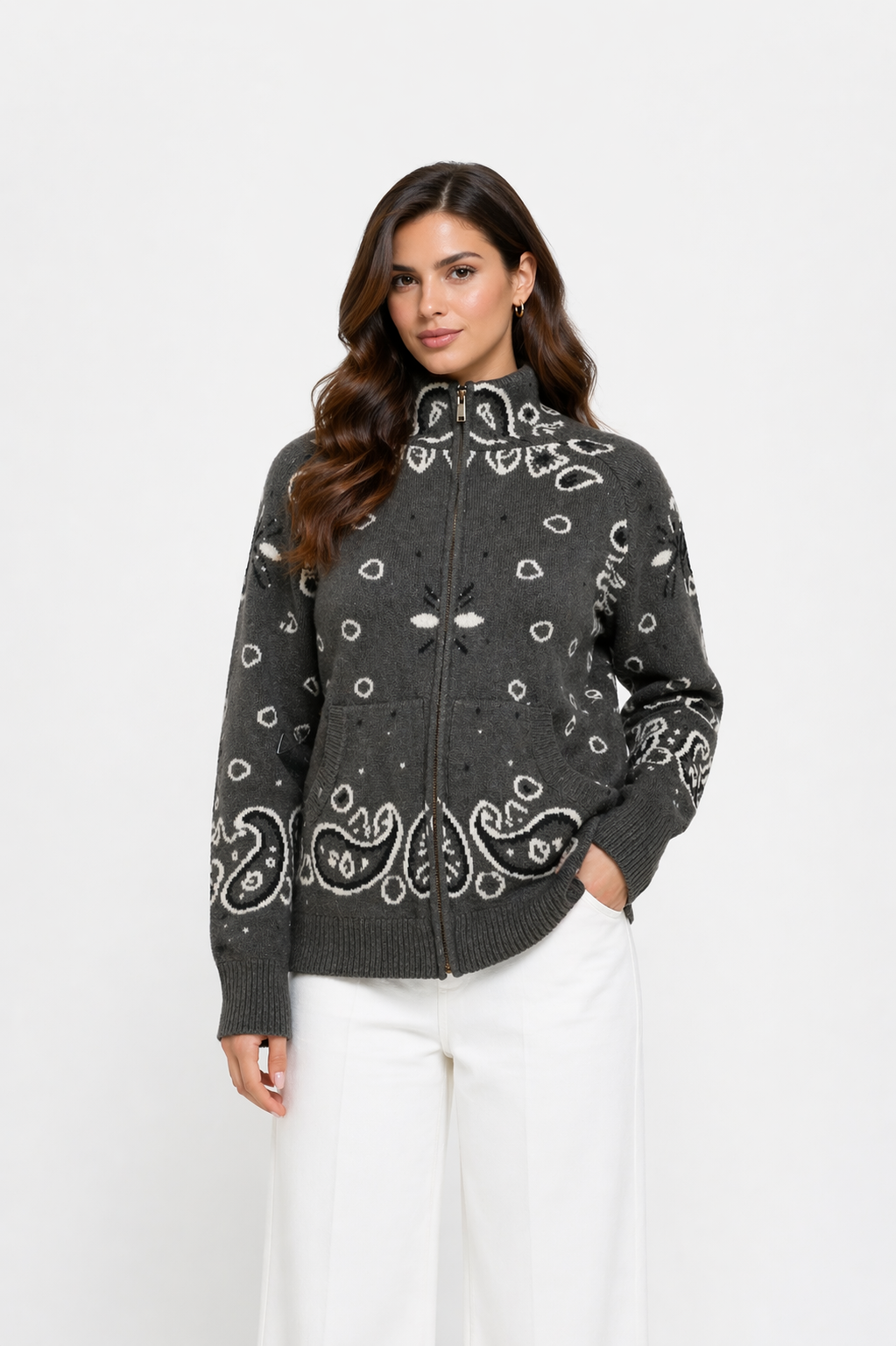 Bandana Zip Cardigan Charcoal Grey