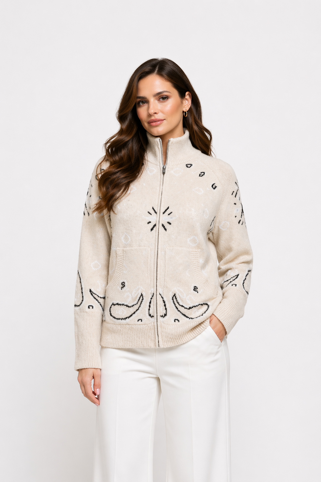 Bandana Zip Cardigan Cream