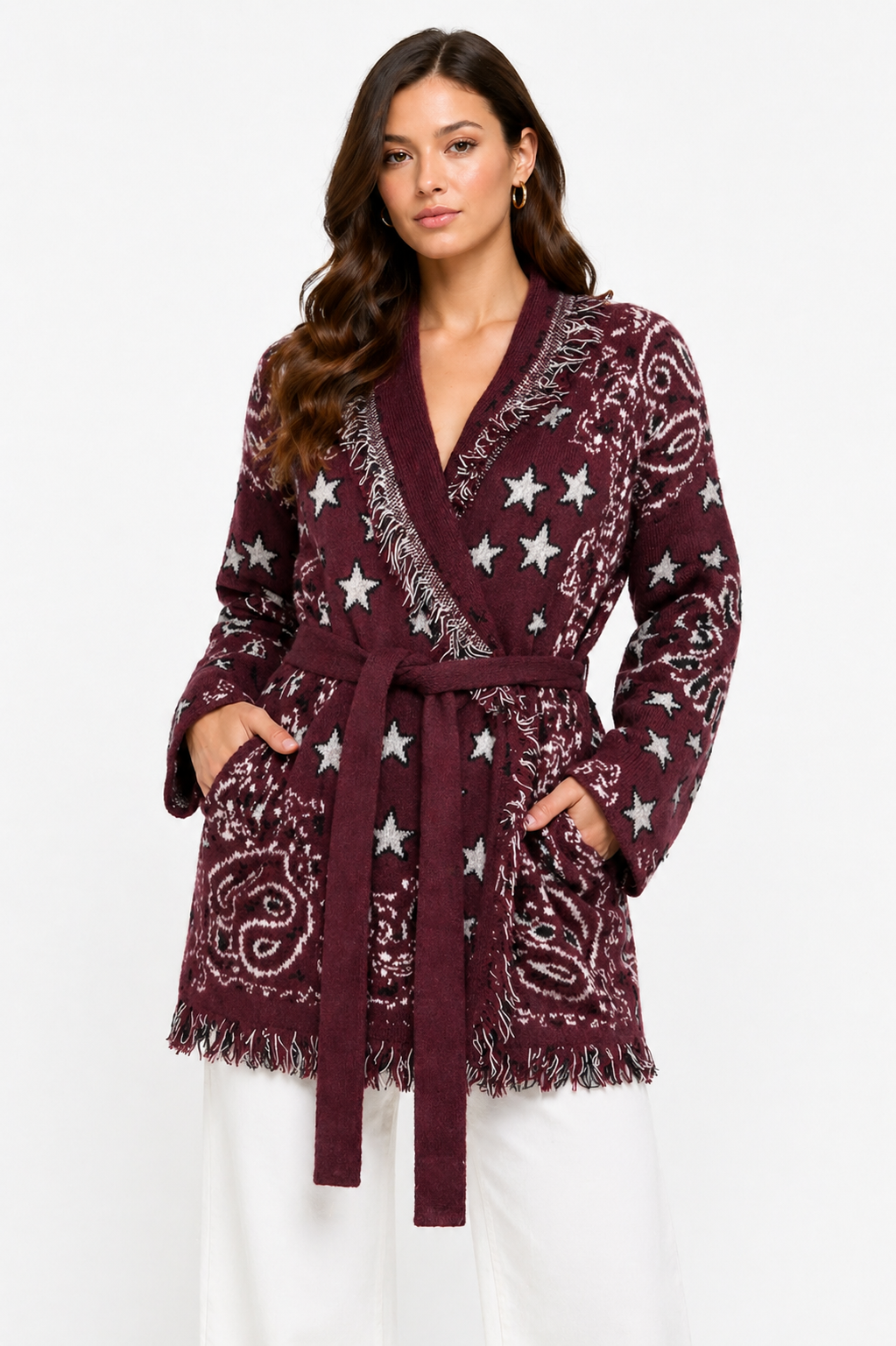 The Print Fringe Cardigan Burgundy