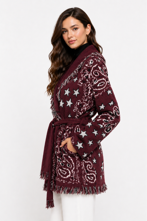 The Print Fringe Cardigan Burgundy