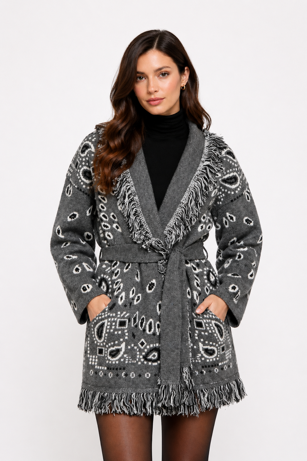 The Print Fringe Cardigan Charcoal Grey