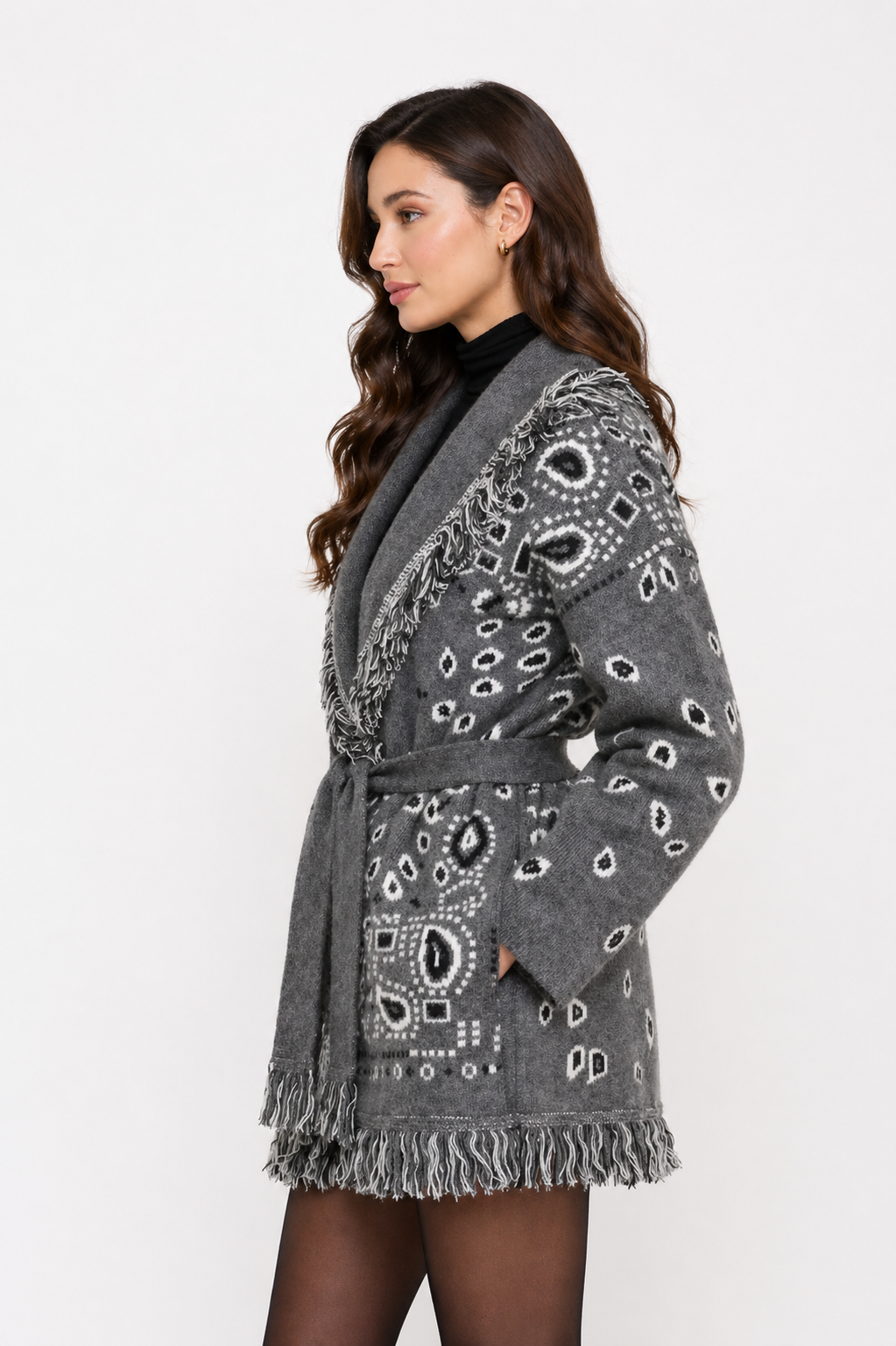 The Print Fringe Cardigan Charcoal Grey