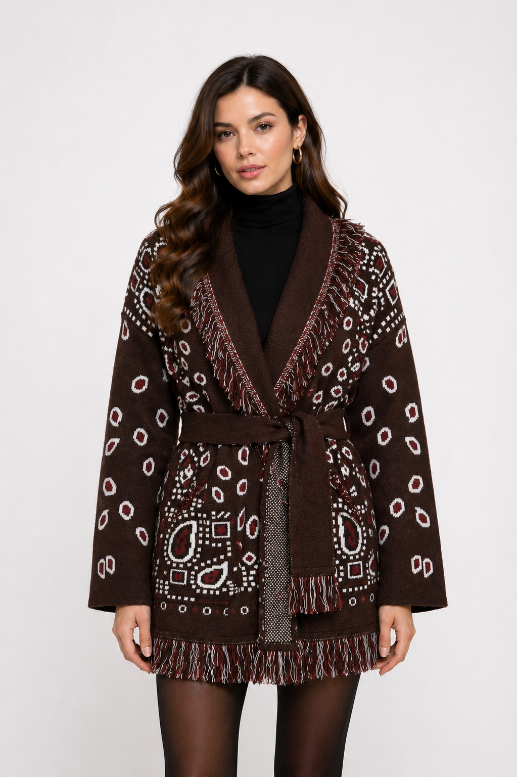 The Print Fringe Cardigan Chocolate Brown