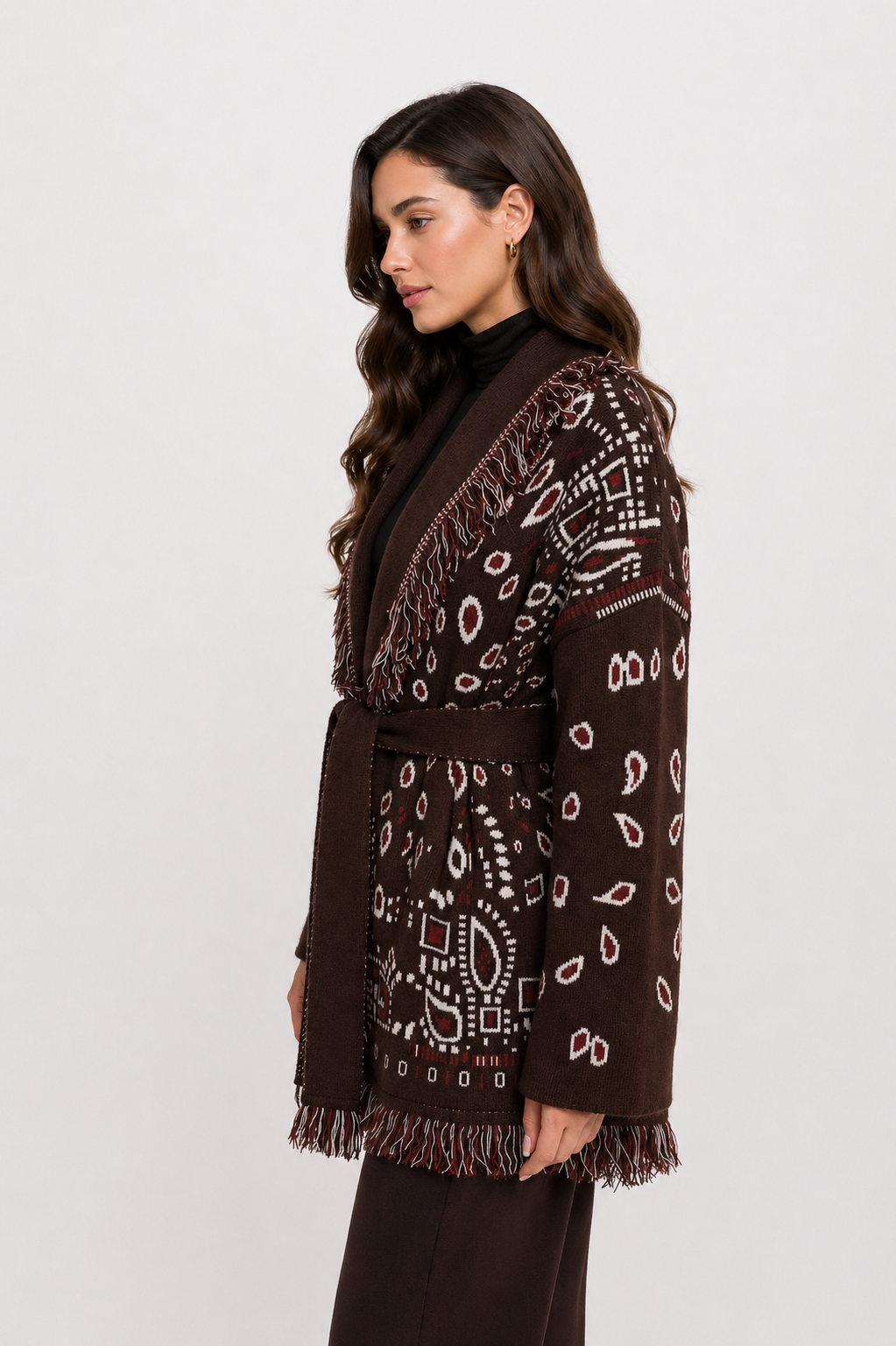 The Print Fringe Cardigan Chocolate Brown
