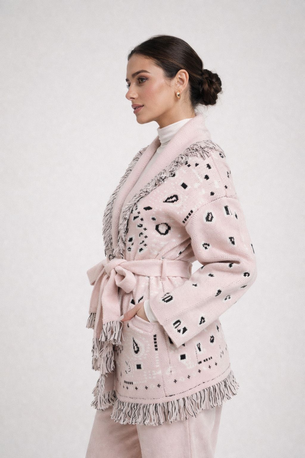 The Print Fringe Cardigan Baby Pink