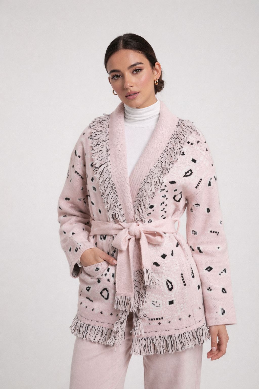 The Print Fringe Cardigan Baby Pink