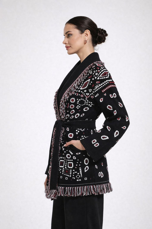 The Print Fringe Cardigan Black & Red