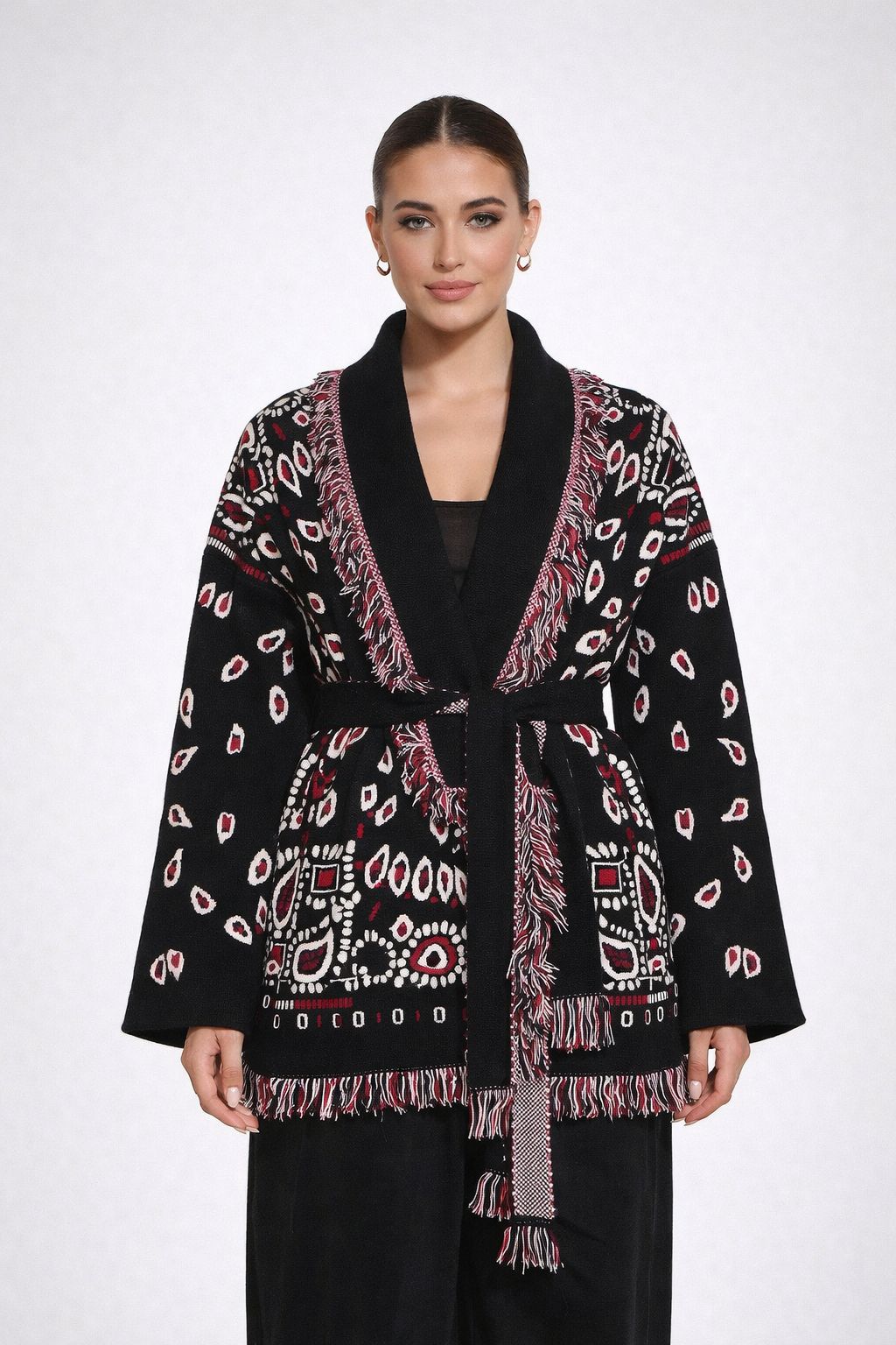 The Print Fringe Cardigan Black & Red