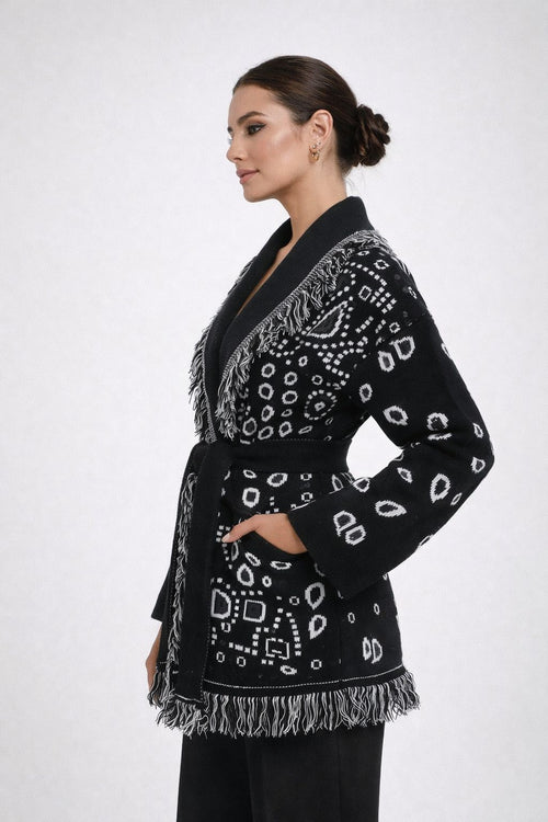 The Print Fringe Cardigan in black