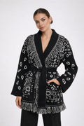 The Print Fringe Cardigan in black
