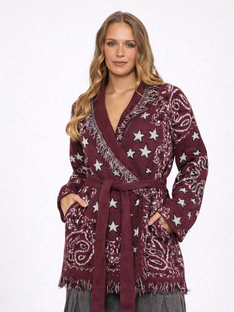The Print Fringe Cardigan Burgundy