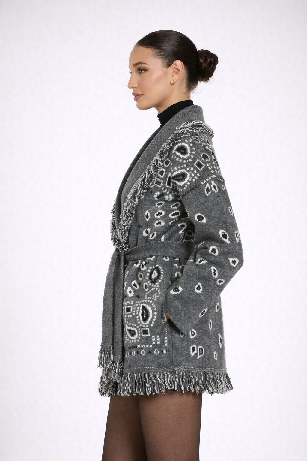 The Print Fringe Cardigan Charcoal Grey
