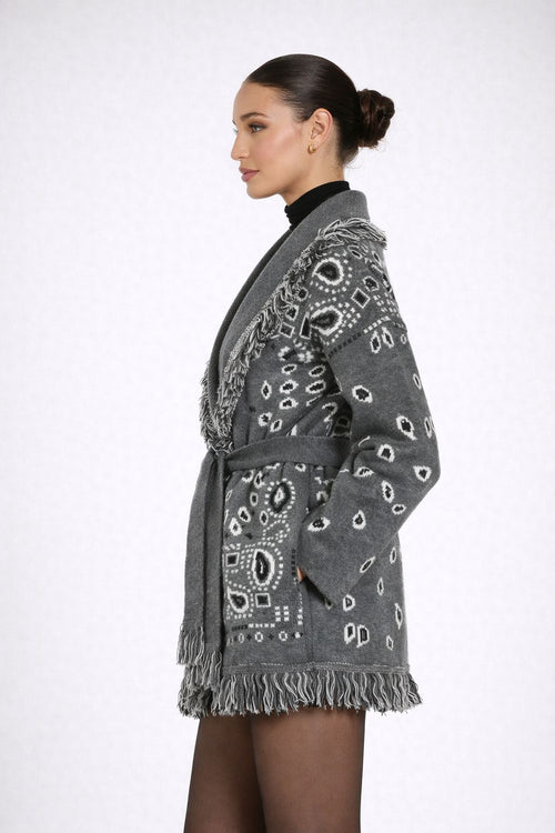 The Print Fringe Cardigan Charcoal Grey