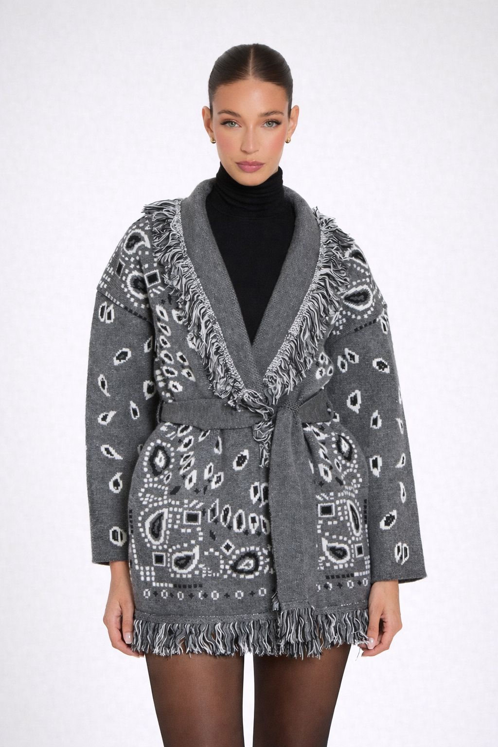 The Print Fringe Cardigan Charcoal Grey