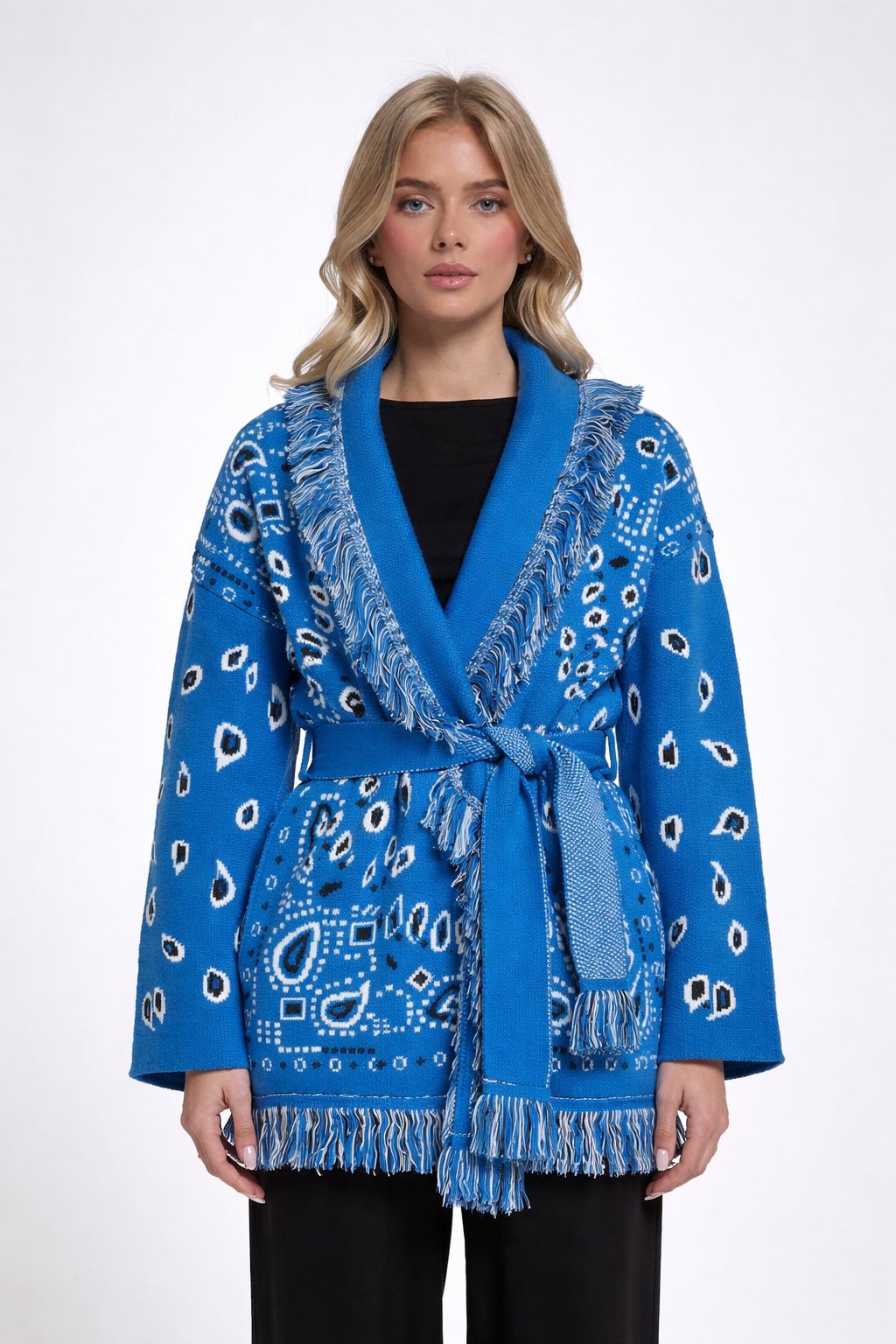 The Print Fringe Cardigan Ocean Blue