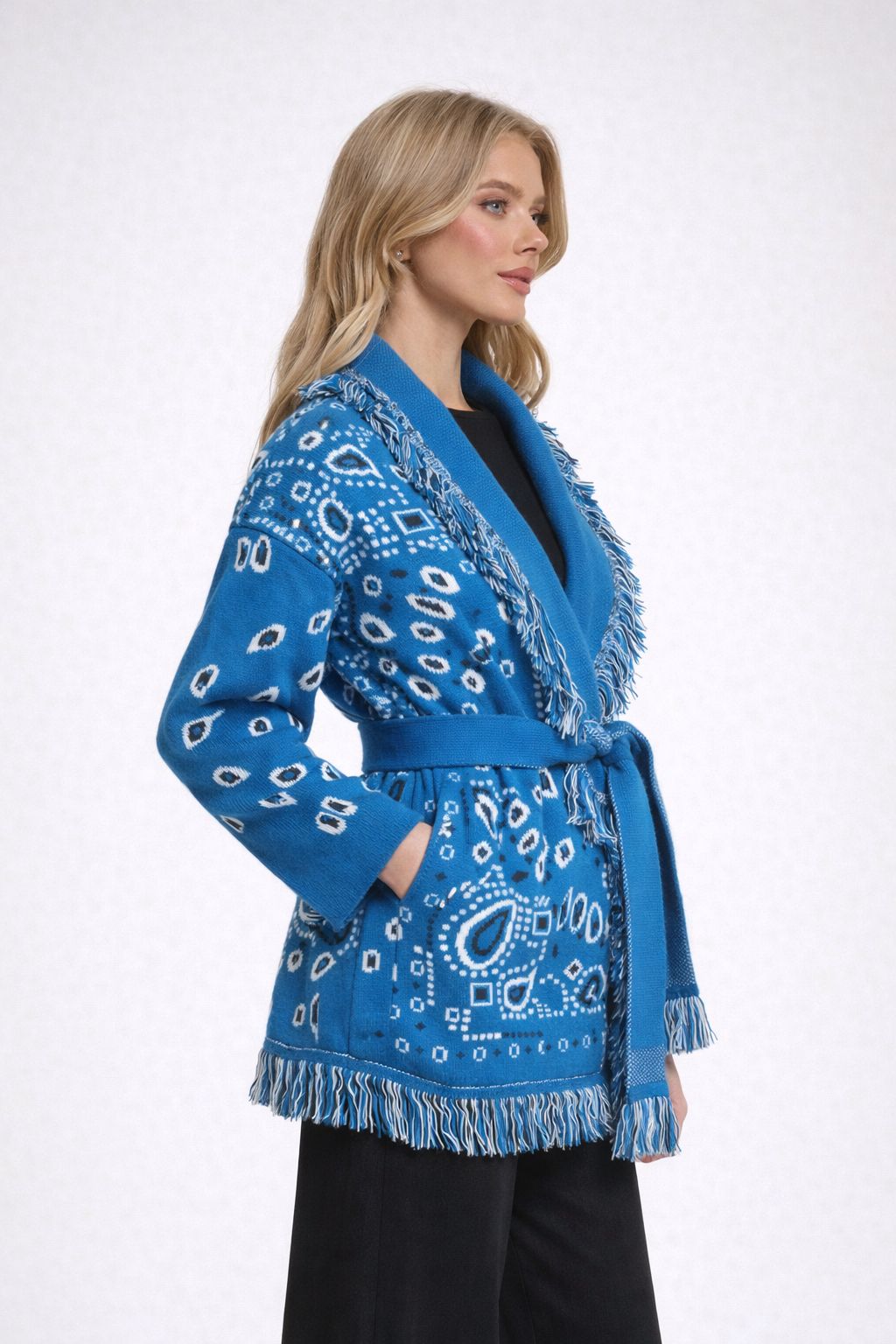 The Print Fringe Cardigan Ocean Blue