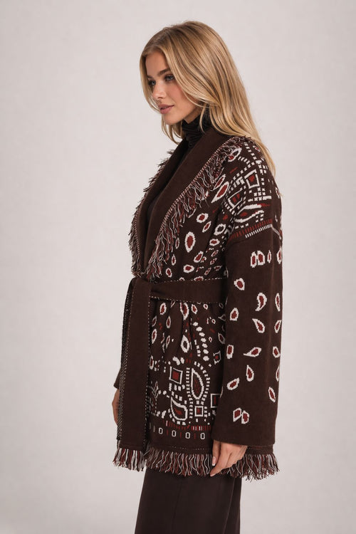 The Print Fringe Cardigan Chocolate Brown