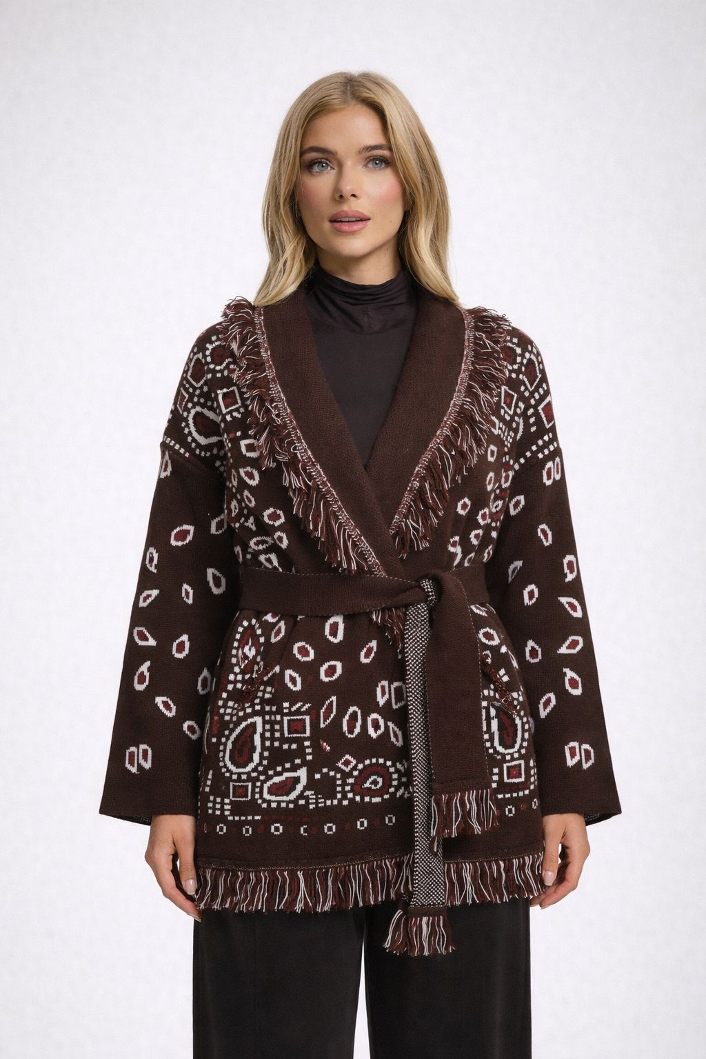 The Print Fringe Cardigan Chocolate Brown